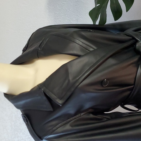 Black Faux Vegan Leather long belted Trench Coat S womens - Picture 6 of 13